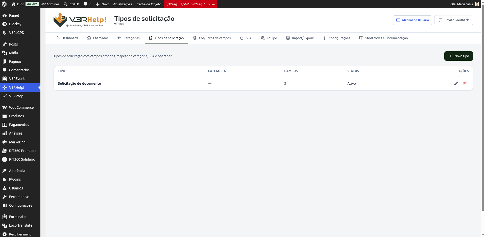 A lista de tipos de solicitação